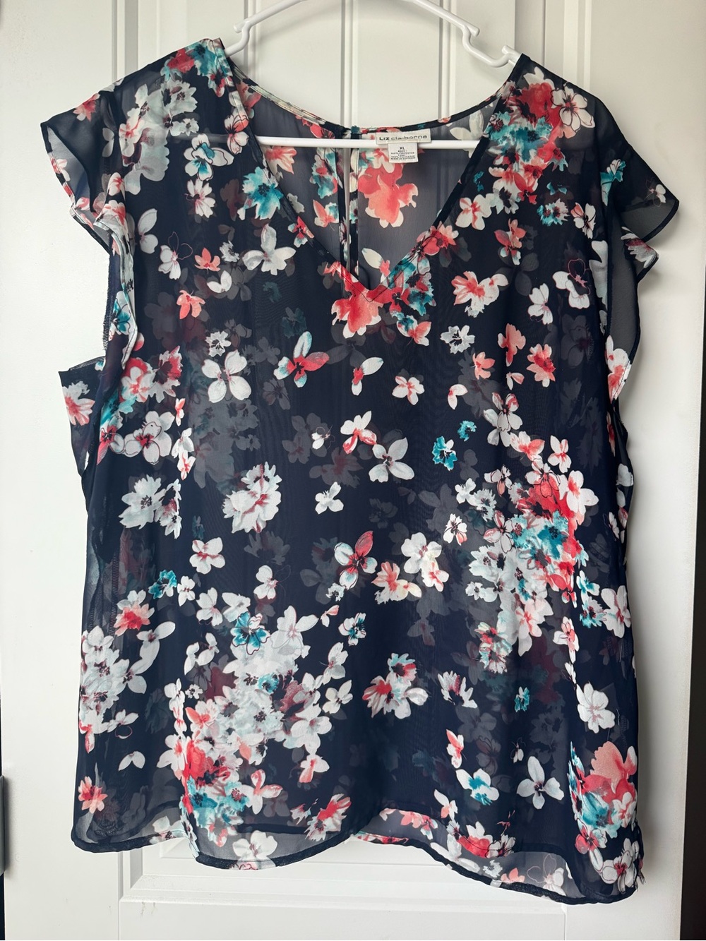Lafayette 148 New York Black Floral V-Neck Cap-Sleeve Blouse